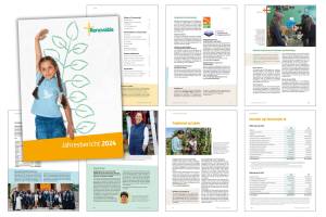 Zu sehen ist das Titelbild und mehrere Innenseiten des Renovabis-Jahresberichts 2024. Auf dem Titelbild steht ein Mädchen mit Zopf und einem blauen T-Shirt mit Friedenstaube. Es streckt den Arm nach oben, neben ihm ist eine stilisierte grüne Pflanze mit vielen Blättern gezeichnet – als würde das Mädchen sie beim Wachsen messen. Der Hintergrund ist weiß, das Renovabis-Logo oben rechts, darunter steht: Jahresbericht 2024 auf einem gelben Balken. Die Innenseiten zeigen Texte, Tabellen und Fotos, darunter Projektbeispiele aus Osteuropa, Porträts von Engagierten sowie eine Übersicht der Finanzen.