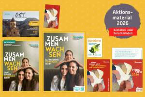 Collage von Aktionsmaterialien zur Renovabis-Pfingstaktion.