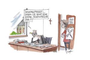 Zeichnung: Pfarrer fragt Pfarrsekretätin nach einer Idee für die Predigt