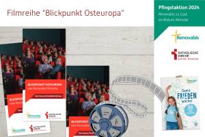 Collage: Aktionsplakat, Logos Renovabis und Bistum Münster, Filmrolle