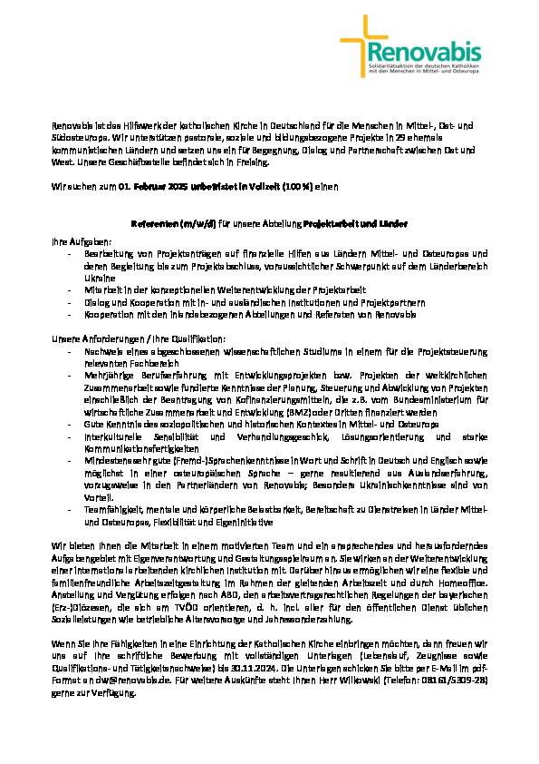 Referent (m/w/d) für die Abteilung Projektarbeit und Länder